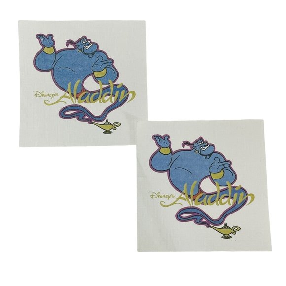 2 Vintage Walt Disney Aladdin Blue Genie Ababwa Square Iron On - Picture 1 of 3